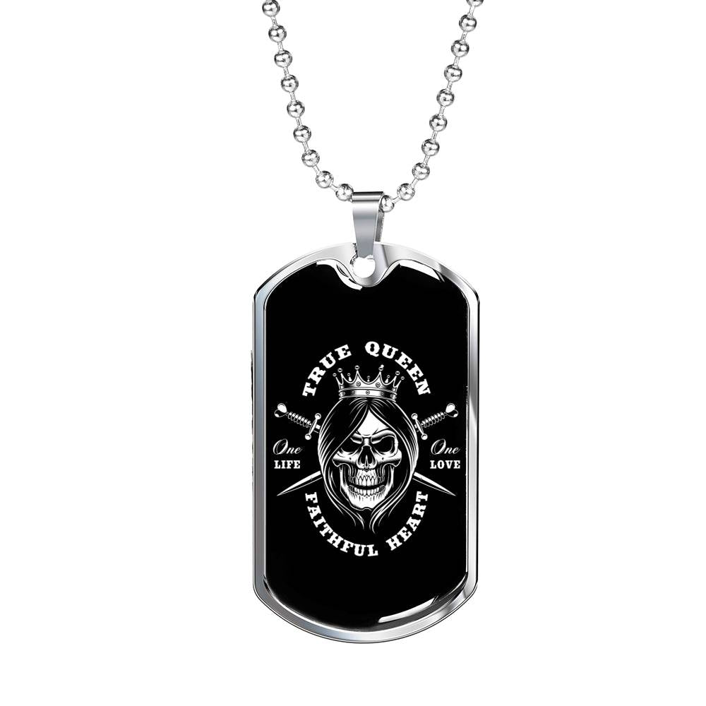 True Queen Skull Dog Tag Stainless Steel or 18k Gold 24" Chain-Express Your Love Gifts