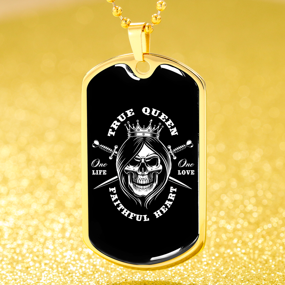 True Queen Skull Dog Tag Stainless Steel or 18k Gold 24" Chain-Express Your Love Gifts
