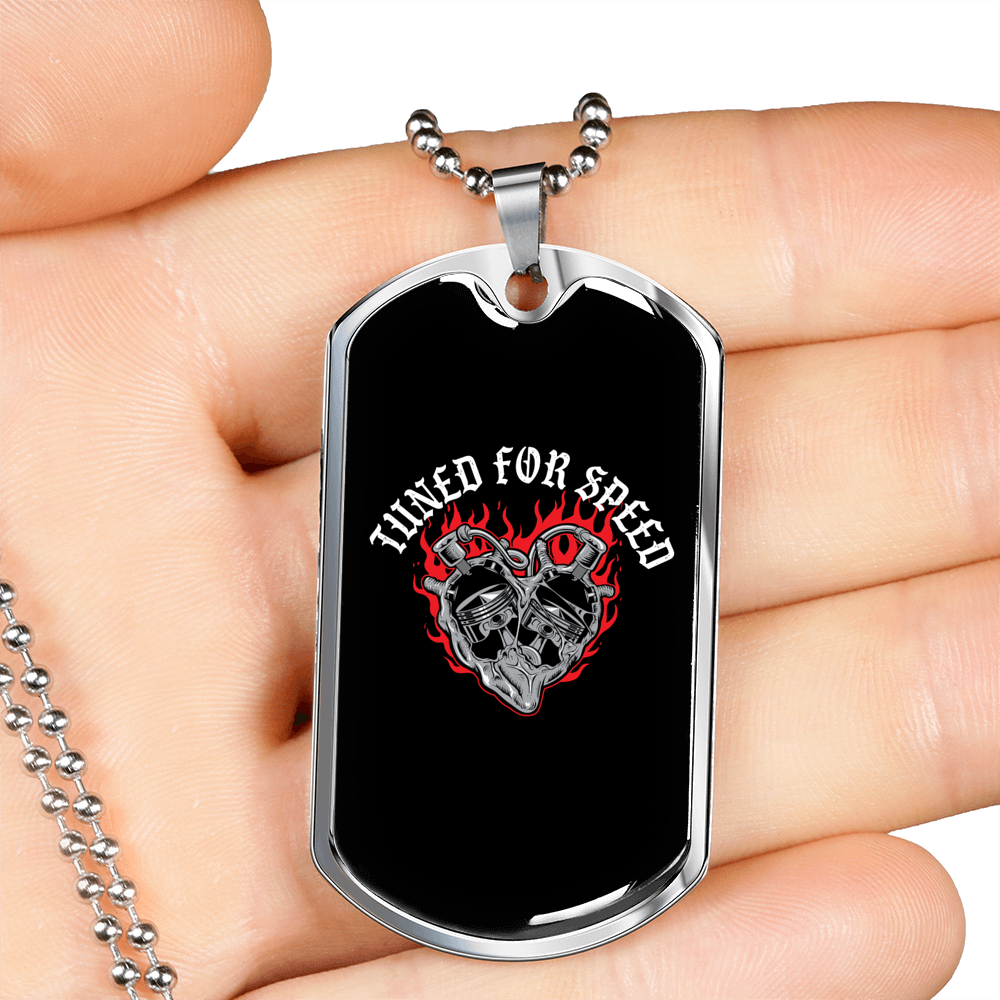 Tuned For Speed Biker Necklace Stainless Steel or 18k Gold Dog Tag 24"-Express Your Love Gifts