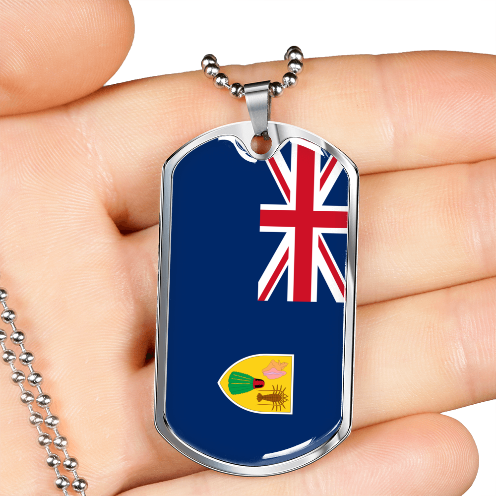 Turks And Caicos Flag Necklace Stainless Steel or 18k Gold Dog Tag 24" Chain-Express Your Love Gifts