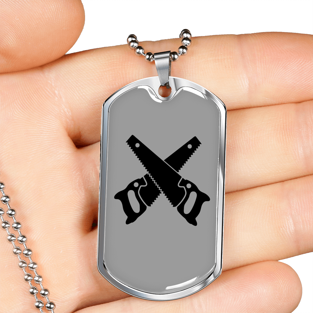 Two Saws Crossed Woodworker Dog Tag Stainless Steel or 18k Gold W 24"-Express Your Love Gifts
