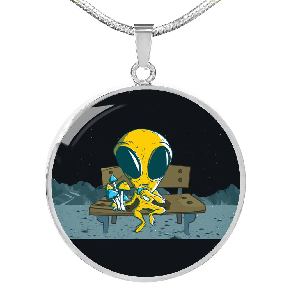 UFO Alien Fan Gift Alien Eating Mushroom Circle Necklace Stainless Steel or 18k Gold 18-22"-Express Your Love Gifts