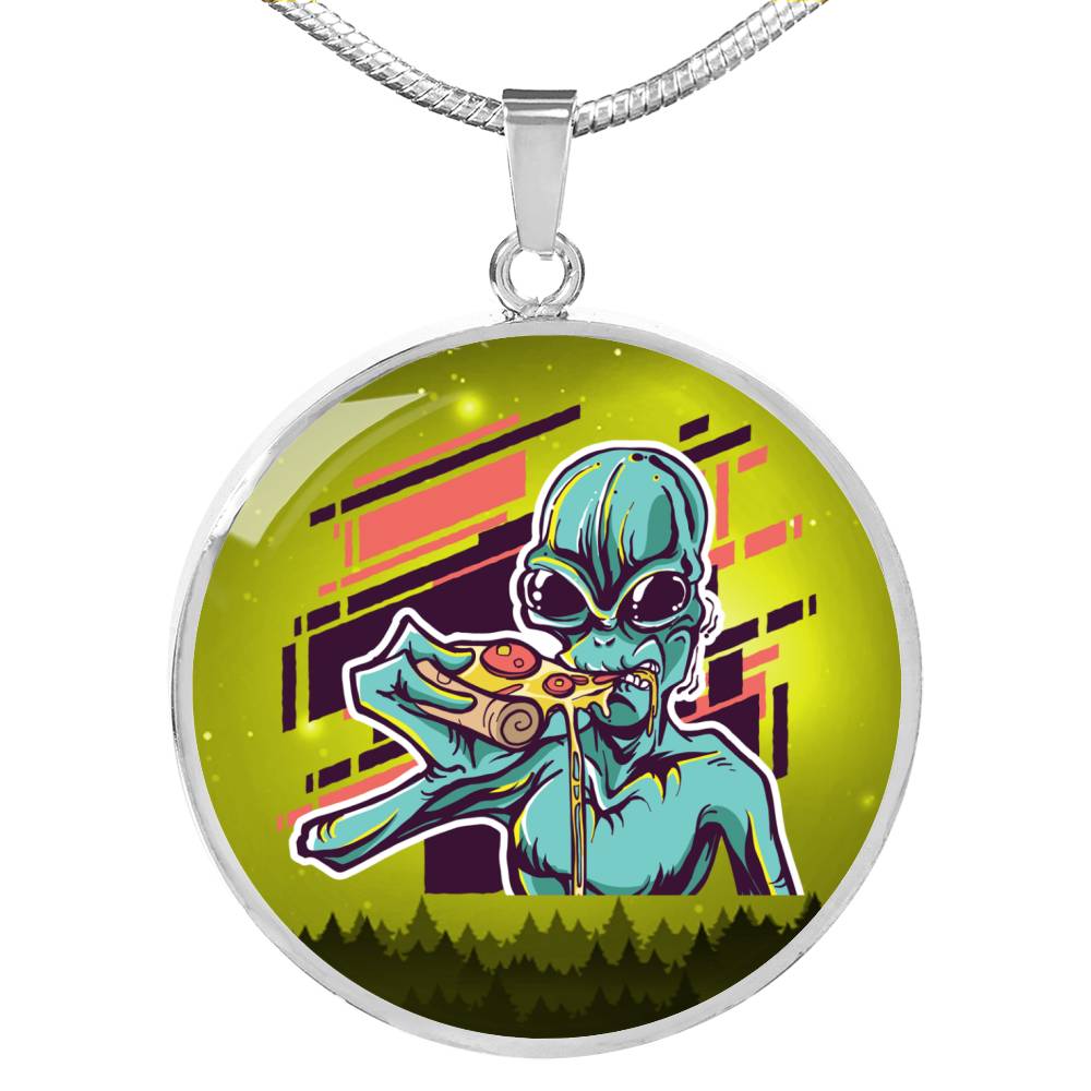 UFO Alien Fan Gift Alien Eating Pizza Circle Necklace Stainless Steel or 18k Gold 18-22"-Express Your Love Gifts