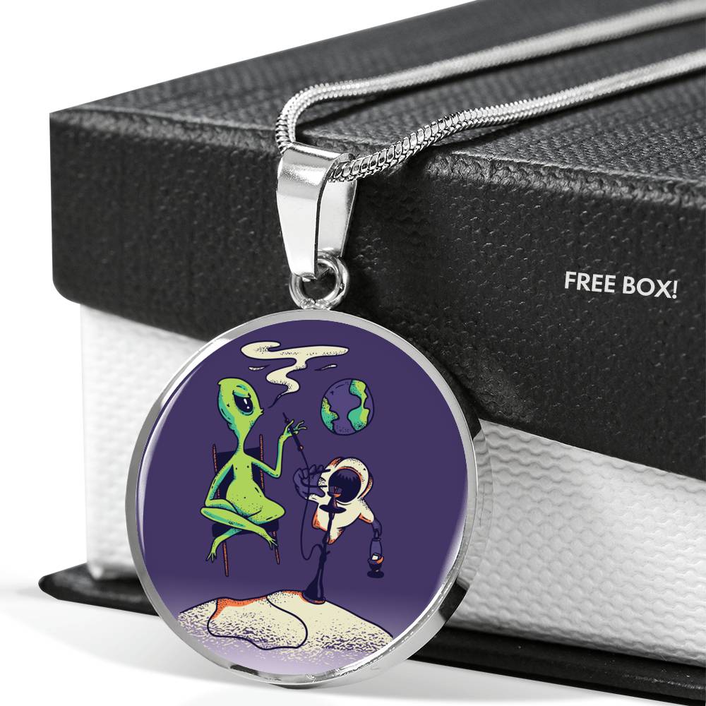UFO Alien Fan Gift Alien Smoking Hookah Circle Necklace Stainless Steel or 18k Gold 18-22"-Express Your Love Gifts