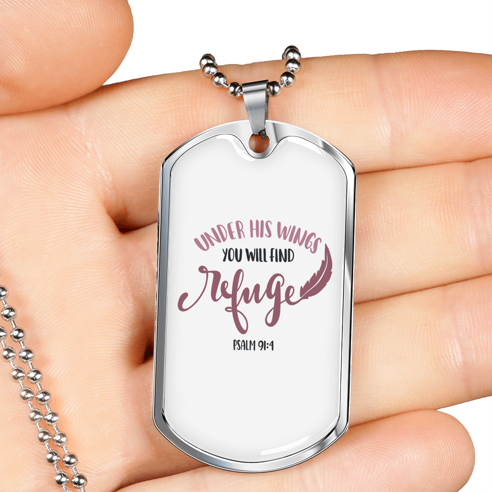 Under His Wings Christian Necklace Stainless Steel or 18k Gold Dog Tag 24" Chain-Express Your Love Gifts
