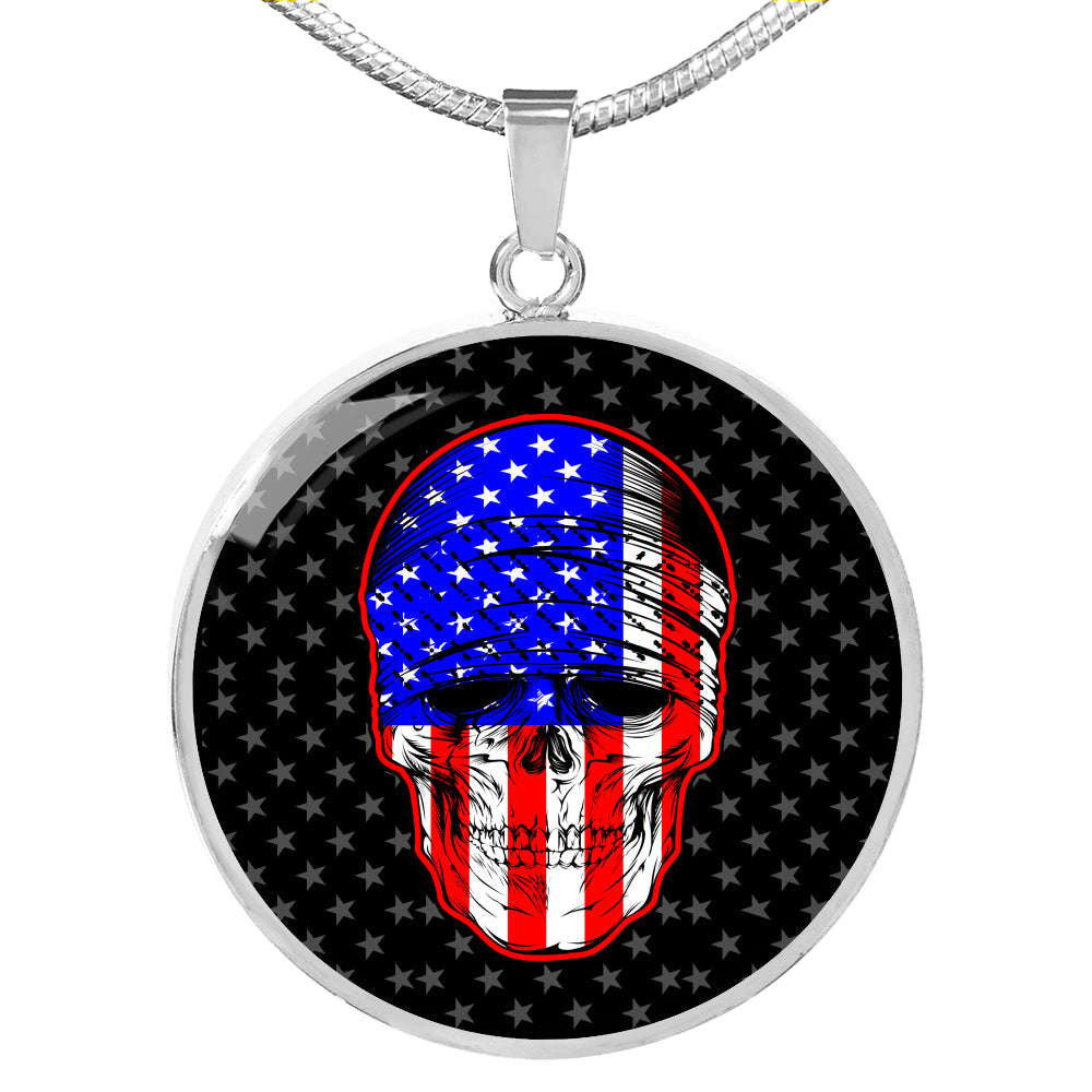 Us Flag Patriotic Skull Necklace Stainless Steel or 18k Gold 18-22" Circle Pendant-Express Your Love Gifts
