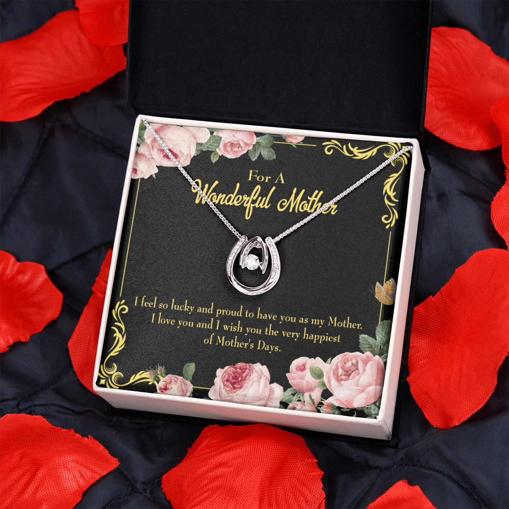 Very Happiest Mother's Day Lucky Horseshoe Necklace Message Card 14k w CZ Crystals-Express Your Love Gifts