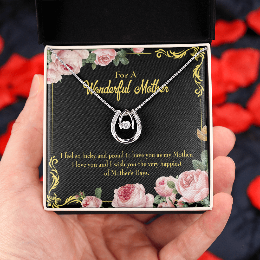 Very Happiest Mother's Day Lucky Horseshoe Necklace Message Card 14k w CZ Crystals-Express Your Love Gifts