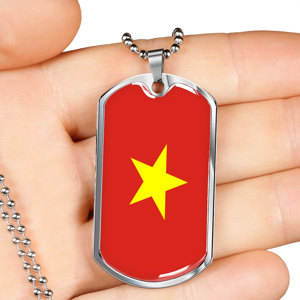 Vietnam Flag Necklace Stainless Steel or 18k Gold Dog Tag 24" Chain-Express Your Love Gifts