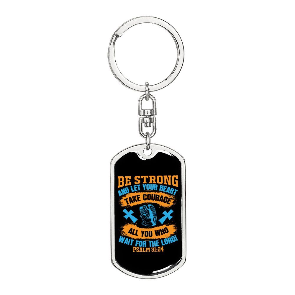 Wait For The Lord Psalm 31:24 Blue Keychain Stainless Steel or 18k Gold Dog Tag Keyring-Express Your Love Gifts