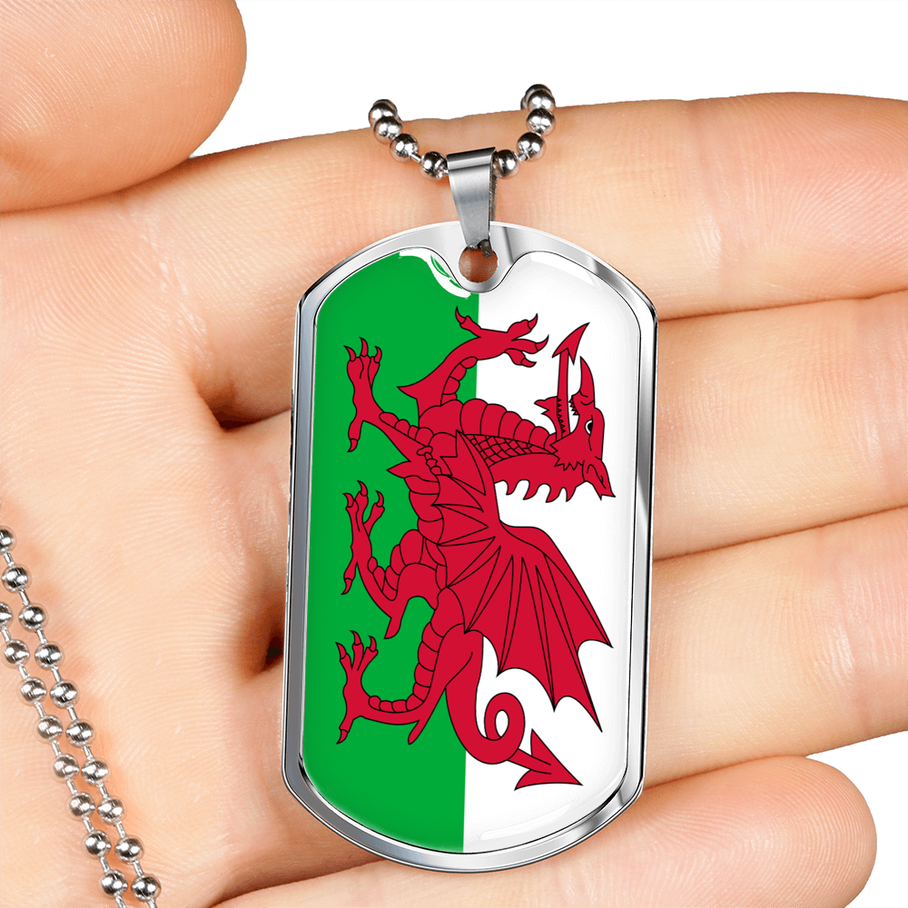 Wales Flag Necklace Stainless Steel or 18k Gold Dog Tag 24" Chain-Express Your Love Gifts
