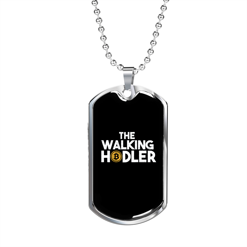 Walking Hodler Bitcoin Crypto Necklace Stainless Steel or 18k Gold Dog Tag 24" Chain-Express Your Love Gifts