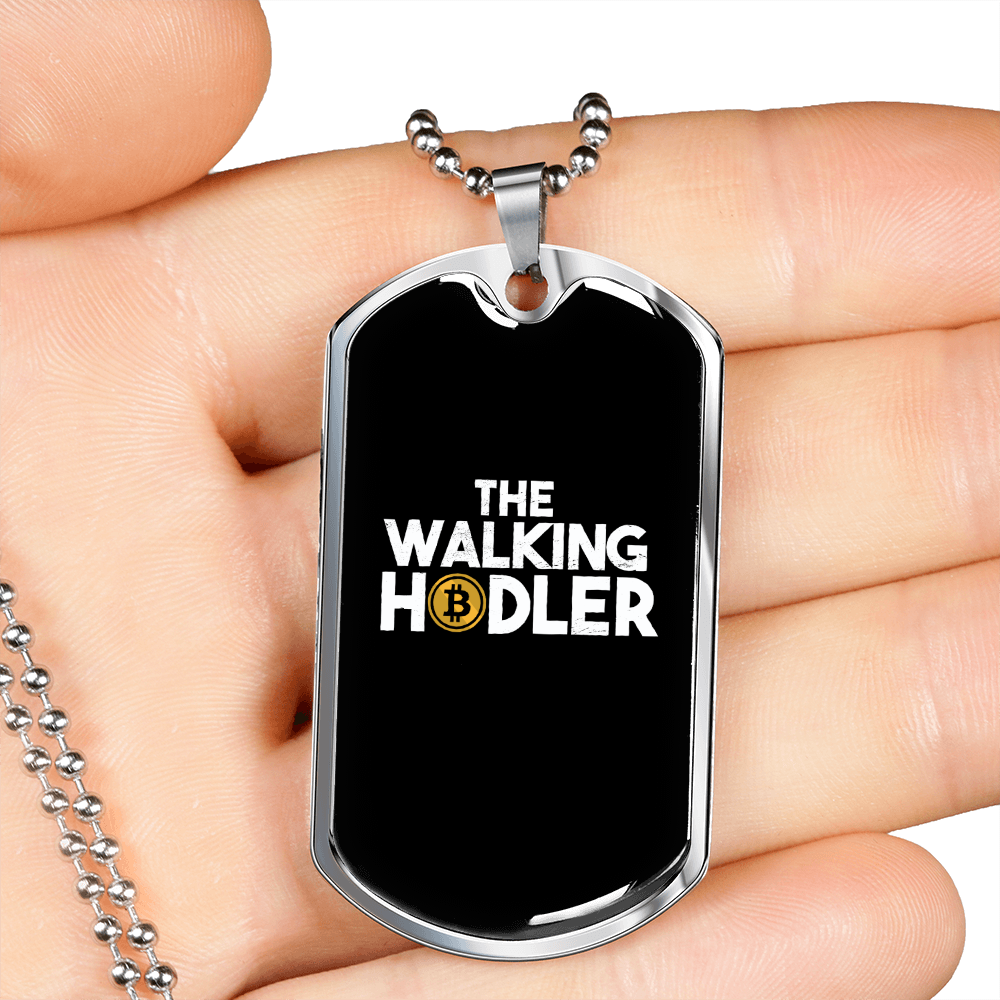 Walking Hodler Bitcoin Crypto Necklace Stainless Steel or 18k Gold Dog Tag 24" Chain-Express Your Love Gifts