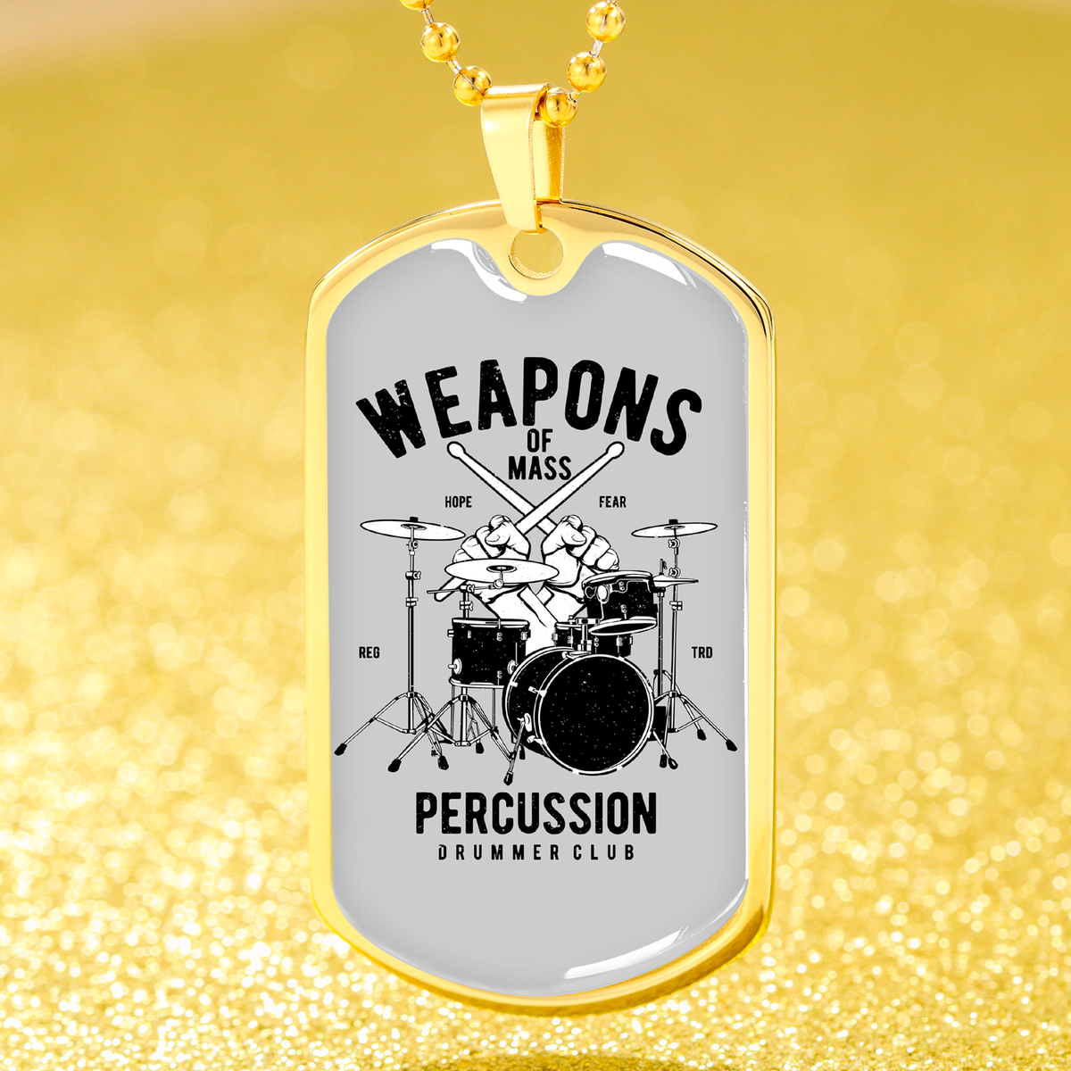 Weapons Of Mass Percussion Necklace Stainless Steel or 18k Gold Dog Tag 24" Chain-Express Your Love Gifts