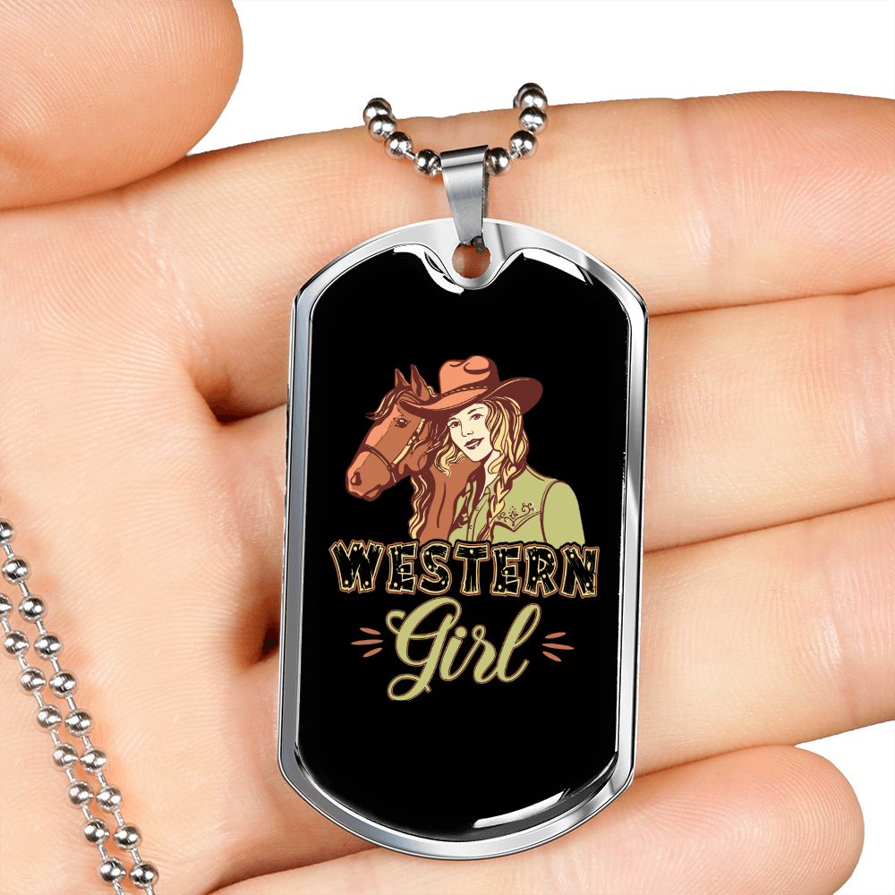 Western Girl Horse Necklace Stainless Steel or 18k Gold Dog Tag 24" Chain-Express Your Love Gifts