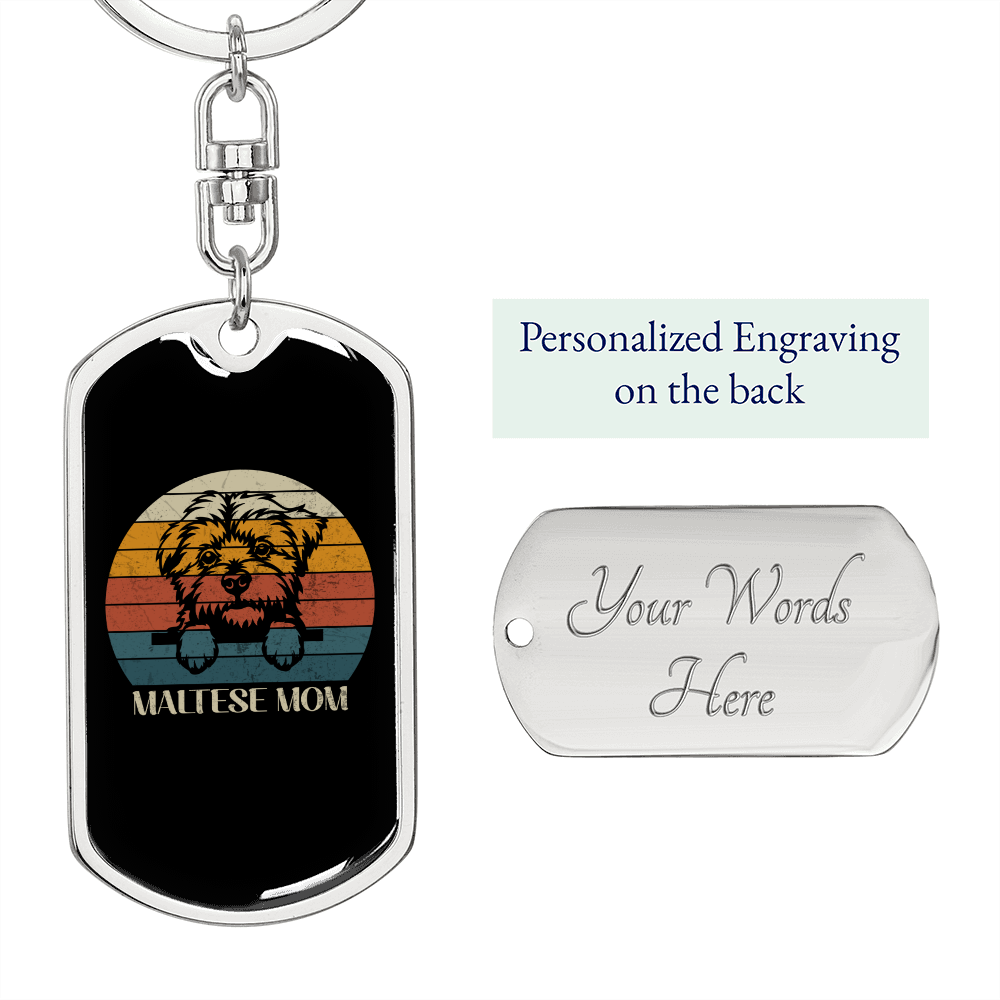 White Maltese Mom Keychain Stainless Steel or 18k Gold Dog Tag Keyring-Express Your Love Gifts