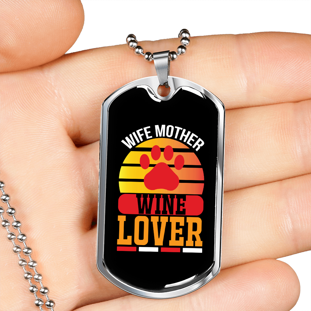 Wife Mother Wine Lover Paw Necklace Stainless Steel or 18k Gold Dog Tag 24" Chain-Express Your Love Gifts