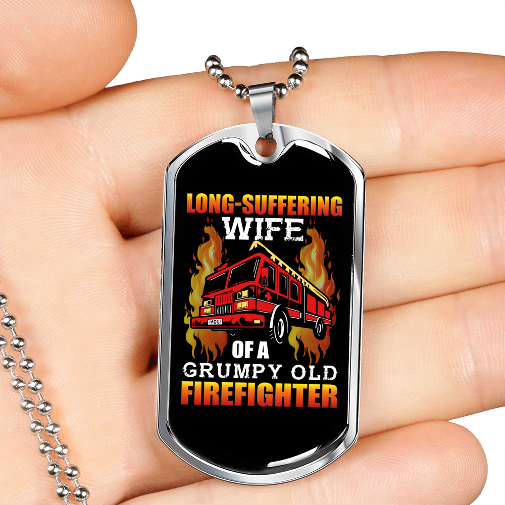 Wife Of Grumpy Firefighter Gift Stainless Steel or 18k Gold Dog Tag 24" Chain-Express Your Love Gifts