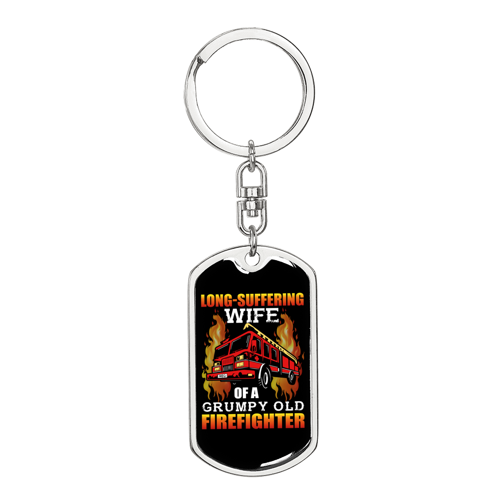 Wife Of Grumpy Firefighter Keychain Stainless Steel or 18k Gold Dog Tag Keyring-Express Your Love Gifts