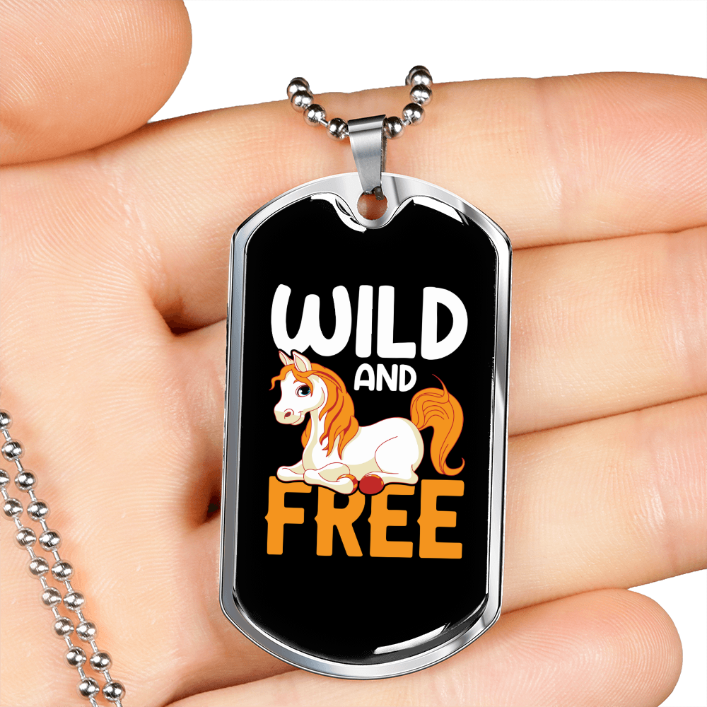 Wild and Free Horse Necklace Stainless Steel or 18k Gold Dog Tag 24" Chain-Express Your Love Gifts