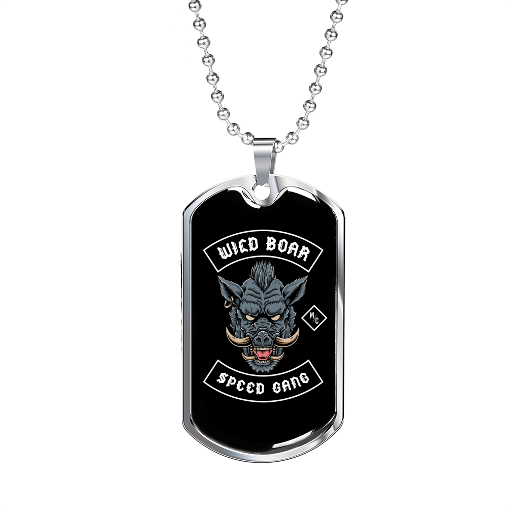 Wild Boar Speed Gang Biker Necklace Stainless Steel or 18k Gold Dog Tag 24"-Express Your Love Gifts