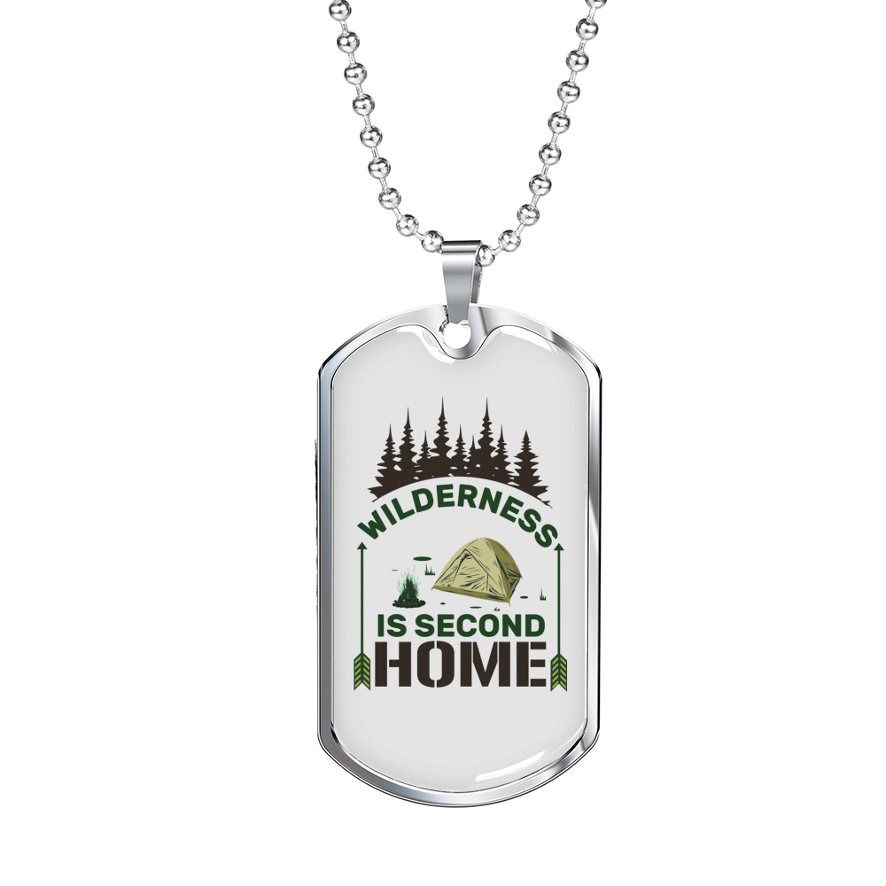 Wilderness Is Second Home Hunting Necklace Stainless Steel or 18k Gold Dog Tag 24"-Express Your Love Gifts