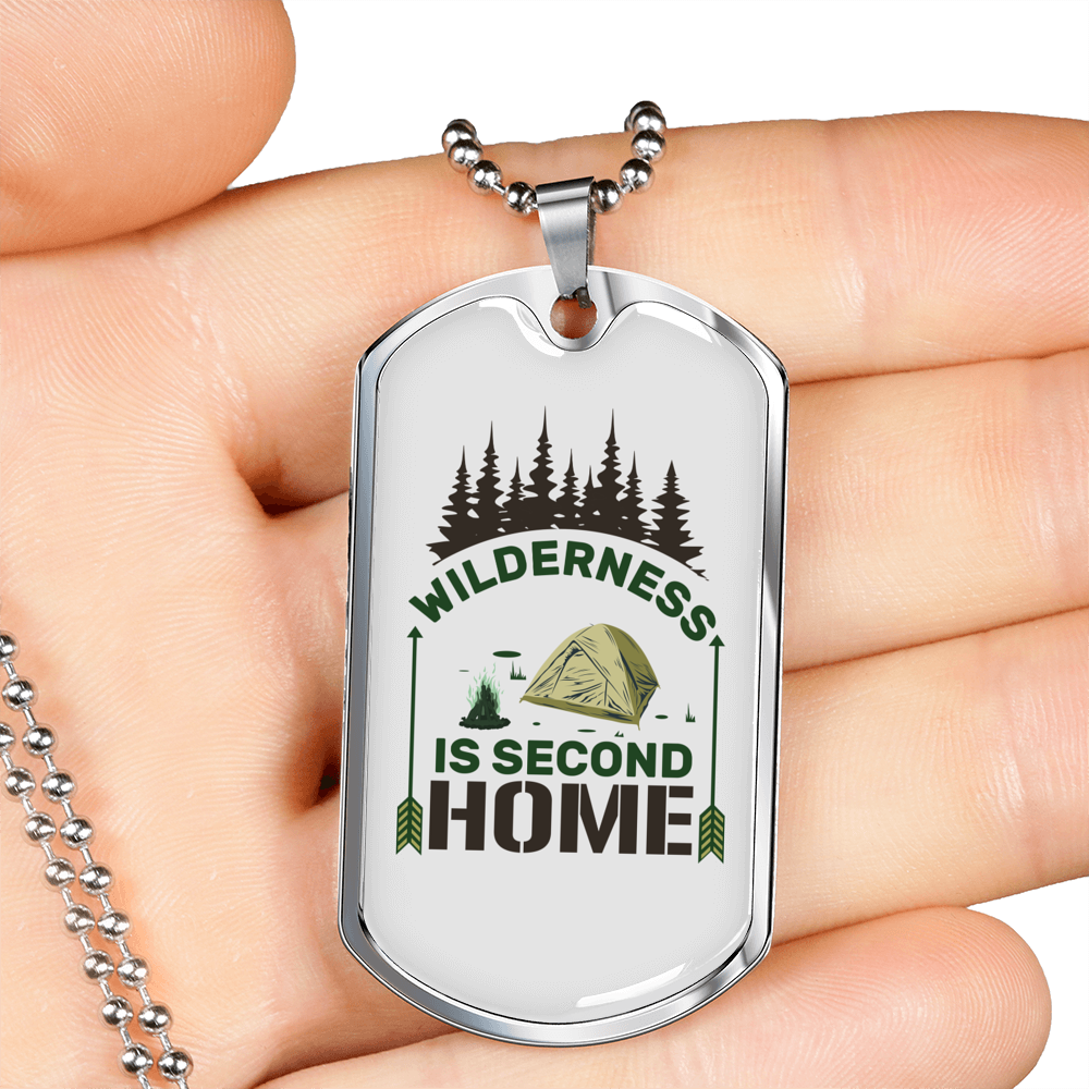 Wilderness Is Second Home Hunting Necklace Stainless Steel or 18k Gold Dog Tag 24"-Express Your Love Gifts