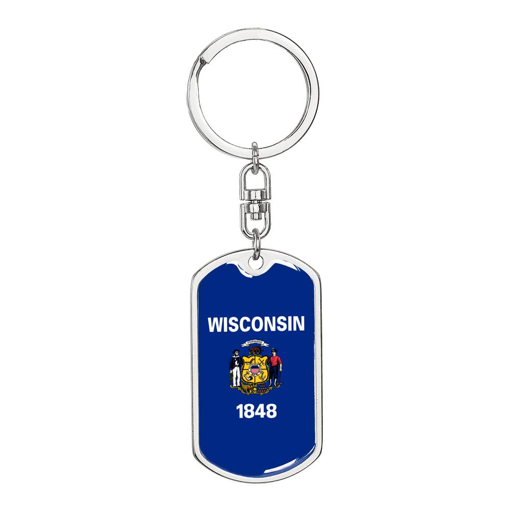 Wisconsin State Flag Keychain Dog Tag Stainless Steel or 18k Gold-Express Your Love Gifts
