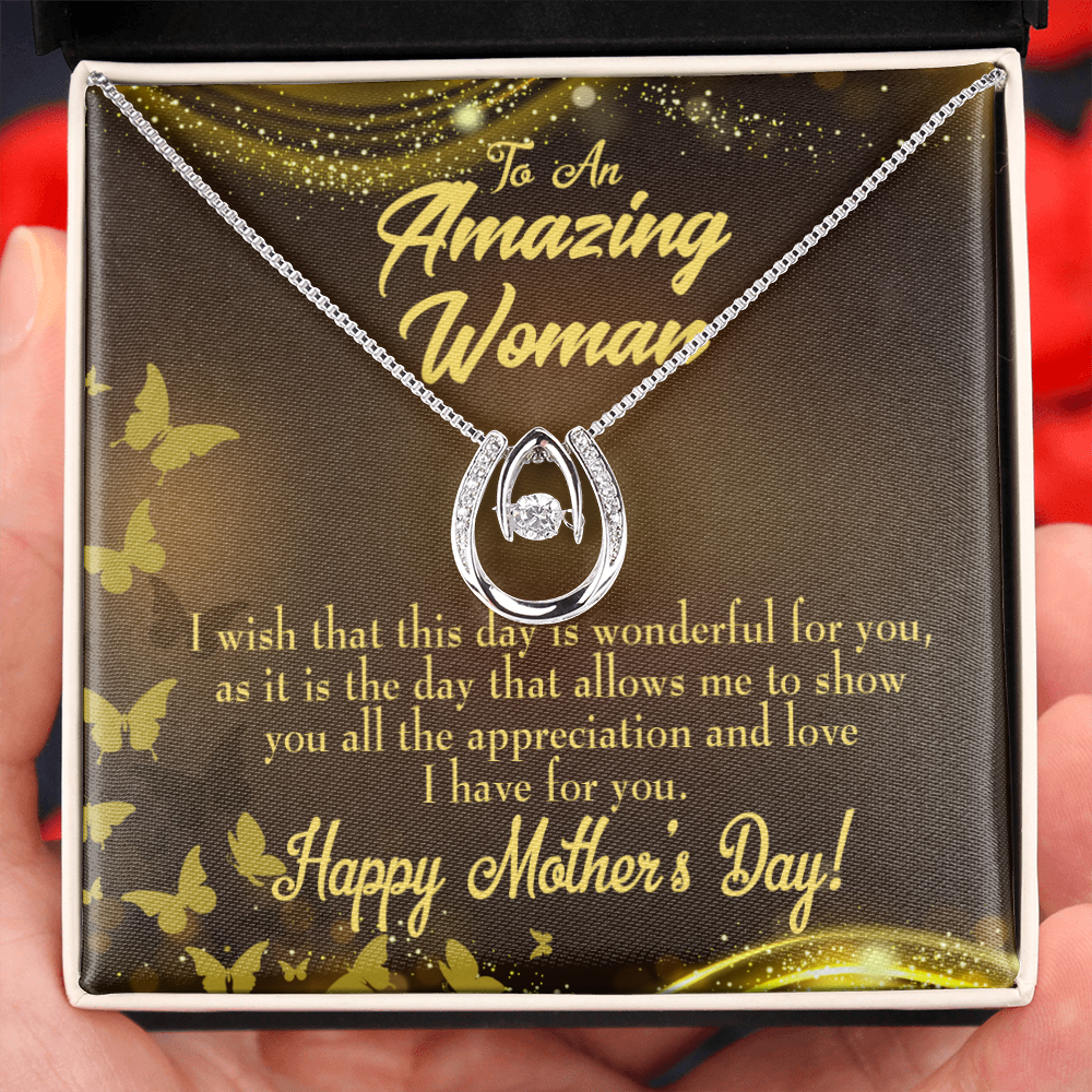 Wish This Mother's Day Lucky Horseshoe Necklace Message Card 14k w CZ Crystals-Express Your Love Gifts