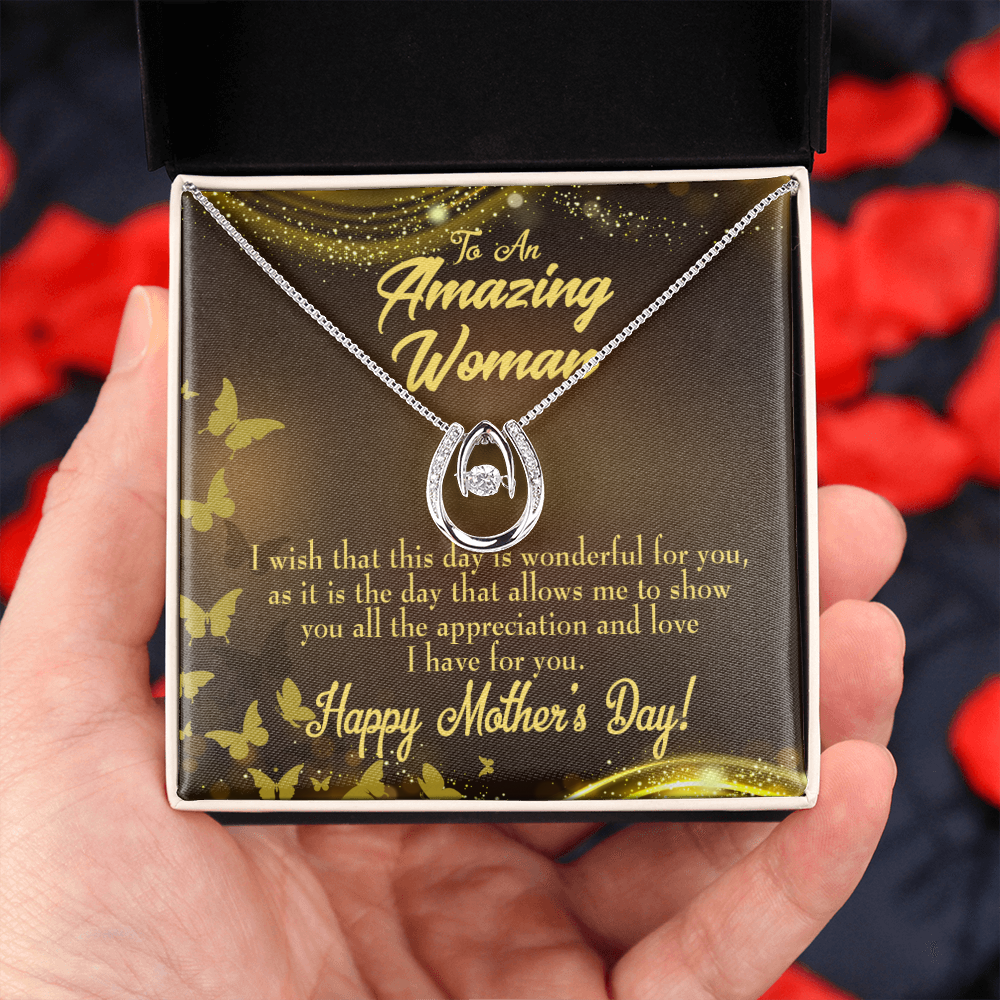 Wish This Mother's Day Lucky Horseshoe Necklace Message Card 14k w CZ Crystals-Express Your Love Gifts
