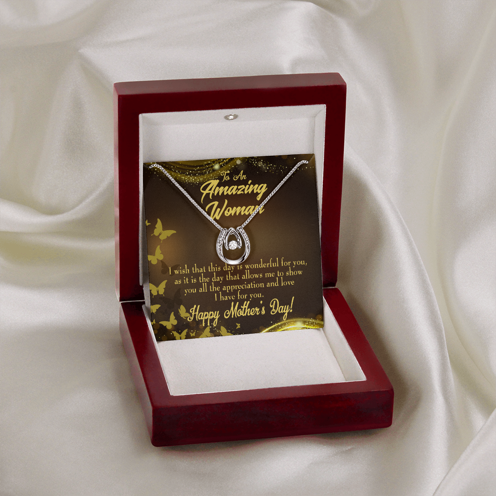 Wish This Mother's Day Lucky Horseshoe Necklace Message Card 14k w CZ Crystals-Express Your Love Gifts