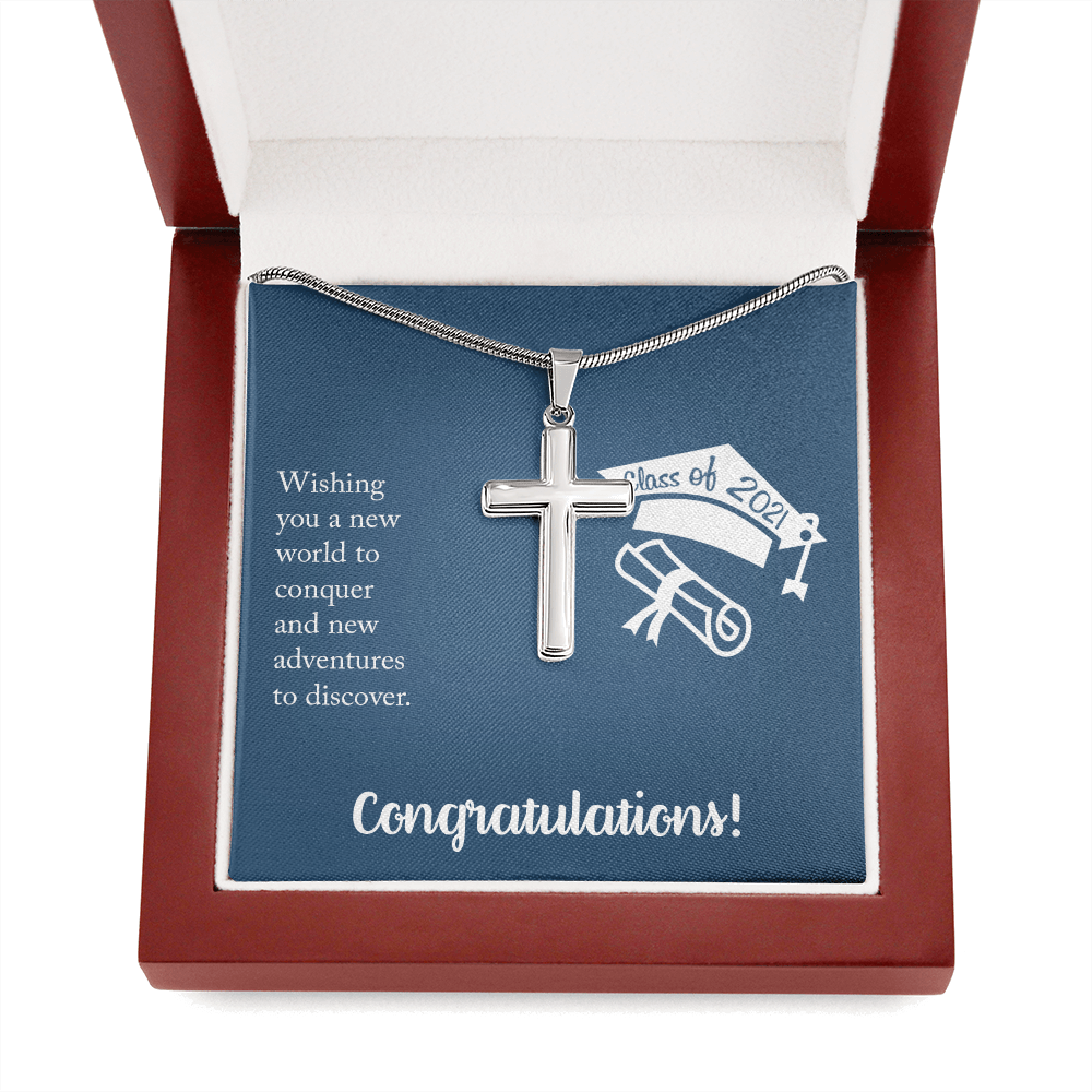 Wishing You A New Word Graduation Message Cross Card Necklace w Stainless Steel Pendant-Express Your Love Gifts