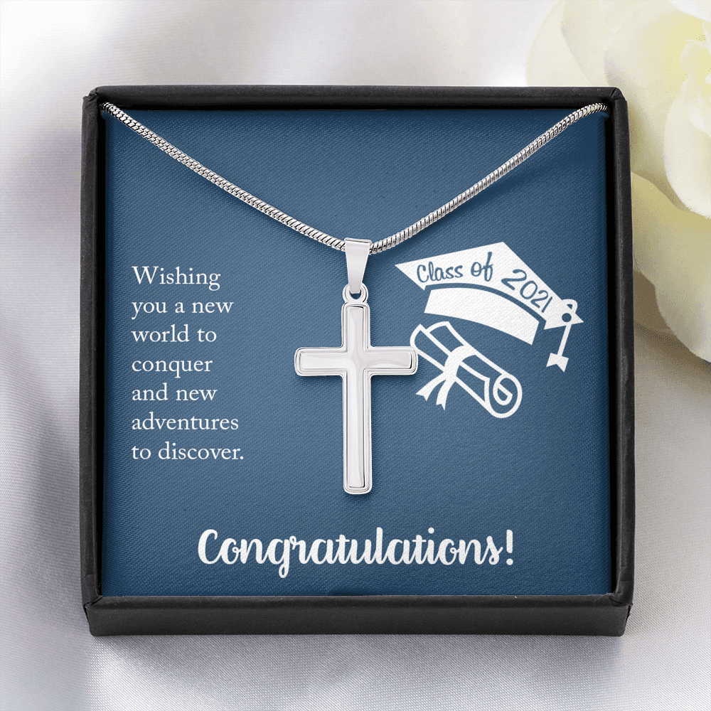 Wishing You A New Word Graduation Message Cross Card Necklace w Stainless Steel Pendant-Express Your Love Gifts