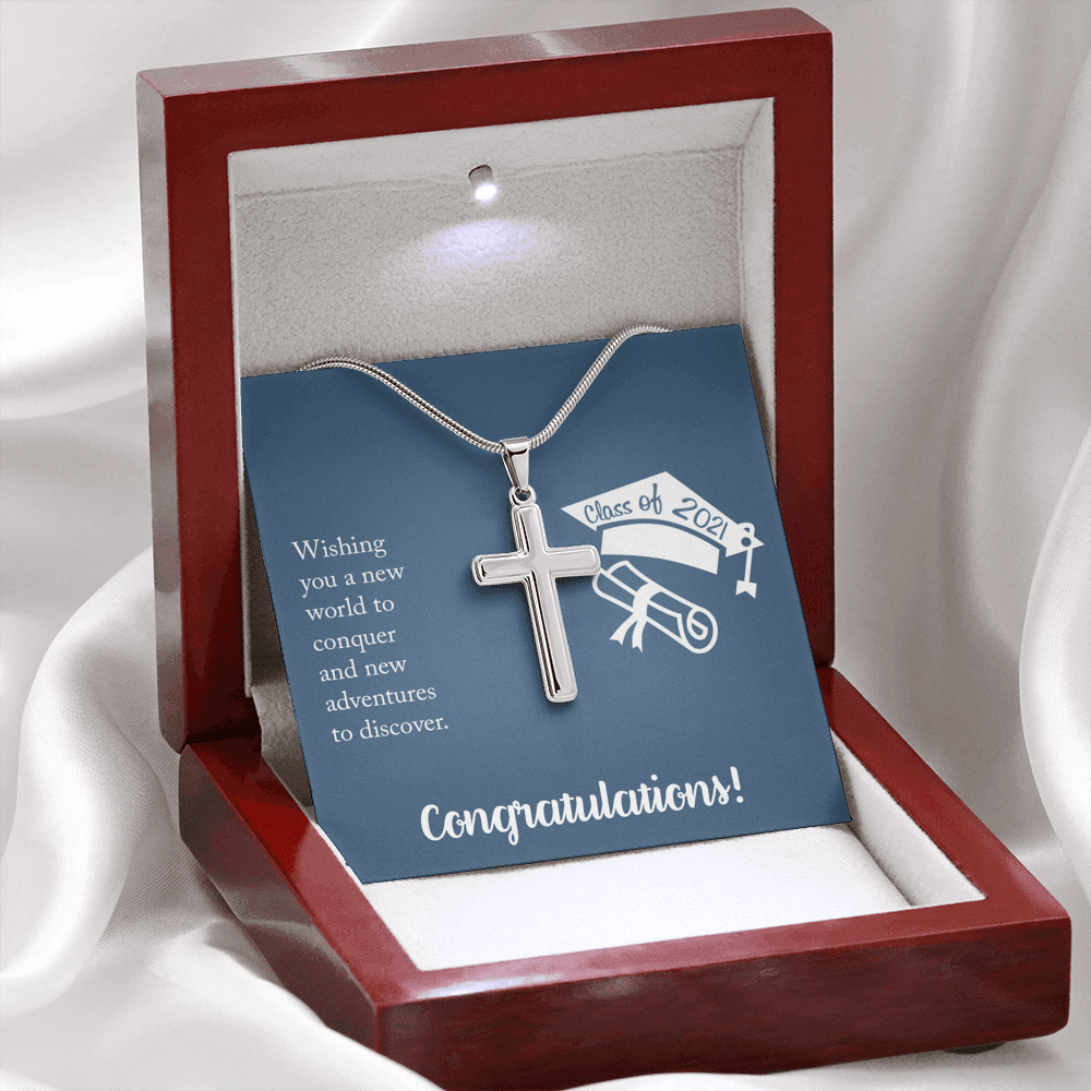 Wishing You A New Word Graduation Message Cross Card Necklace w Stainless Steel Pendant-Express Your Love Gifts