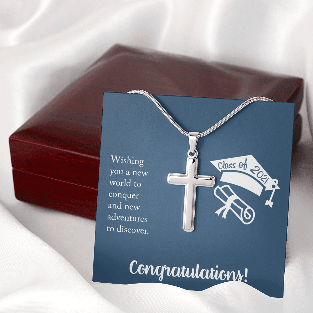 Wishing You A New Word Graduation Message Cross Card Necklace w Stainless Steel Pendant-Express Your Love Gifts
