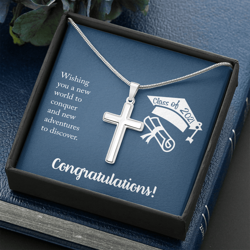 Wishing You A New Word Graduation Message Cross Card Necklace w Stainless Steel Pendant-Express Your Love Gifts