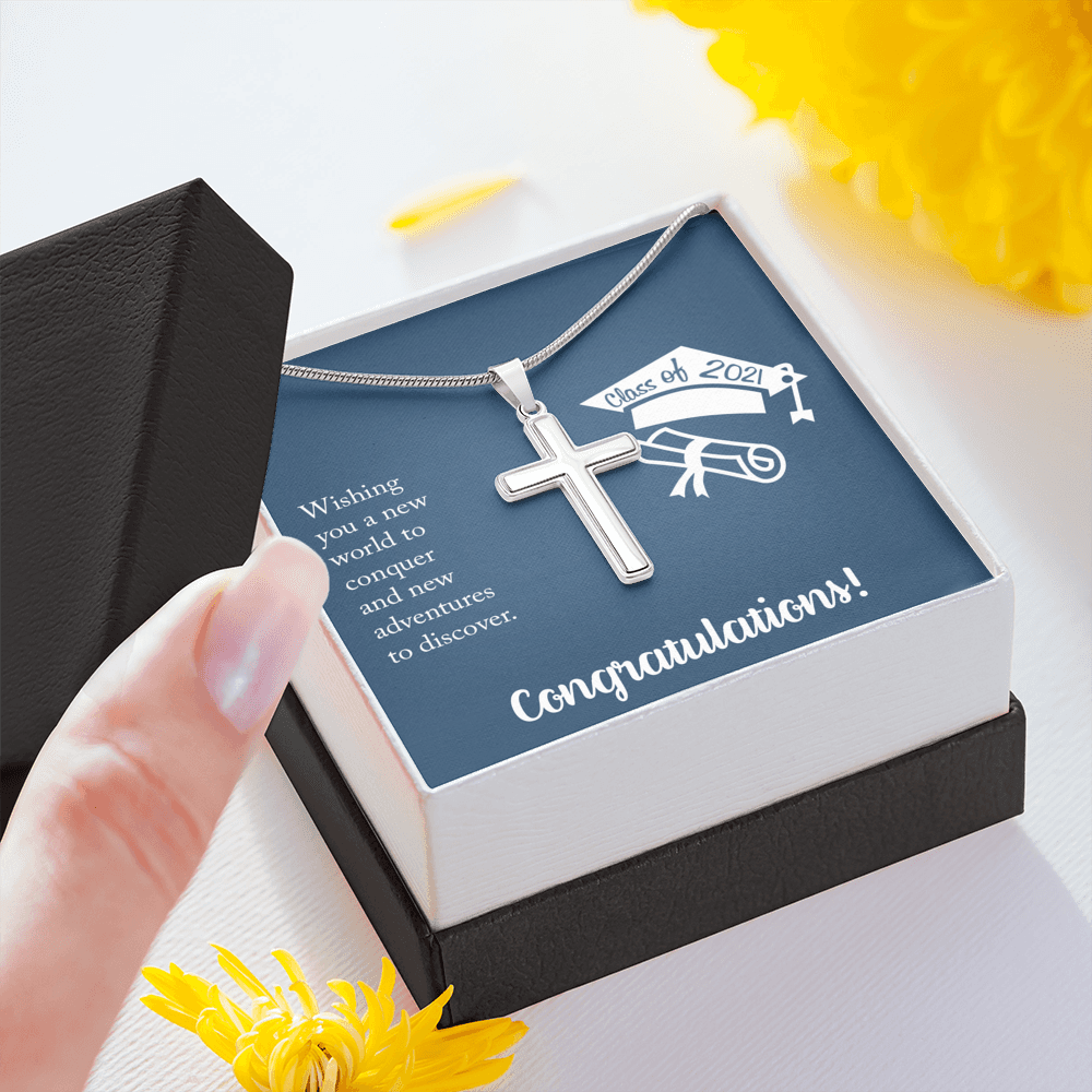 Wishing You A New Word Graduation Message Cross Card Necklace w Stainless Steel Pendant-Express Your Love Gifts