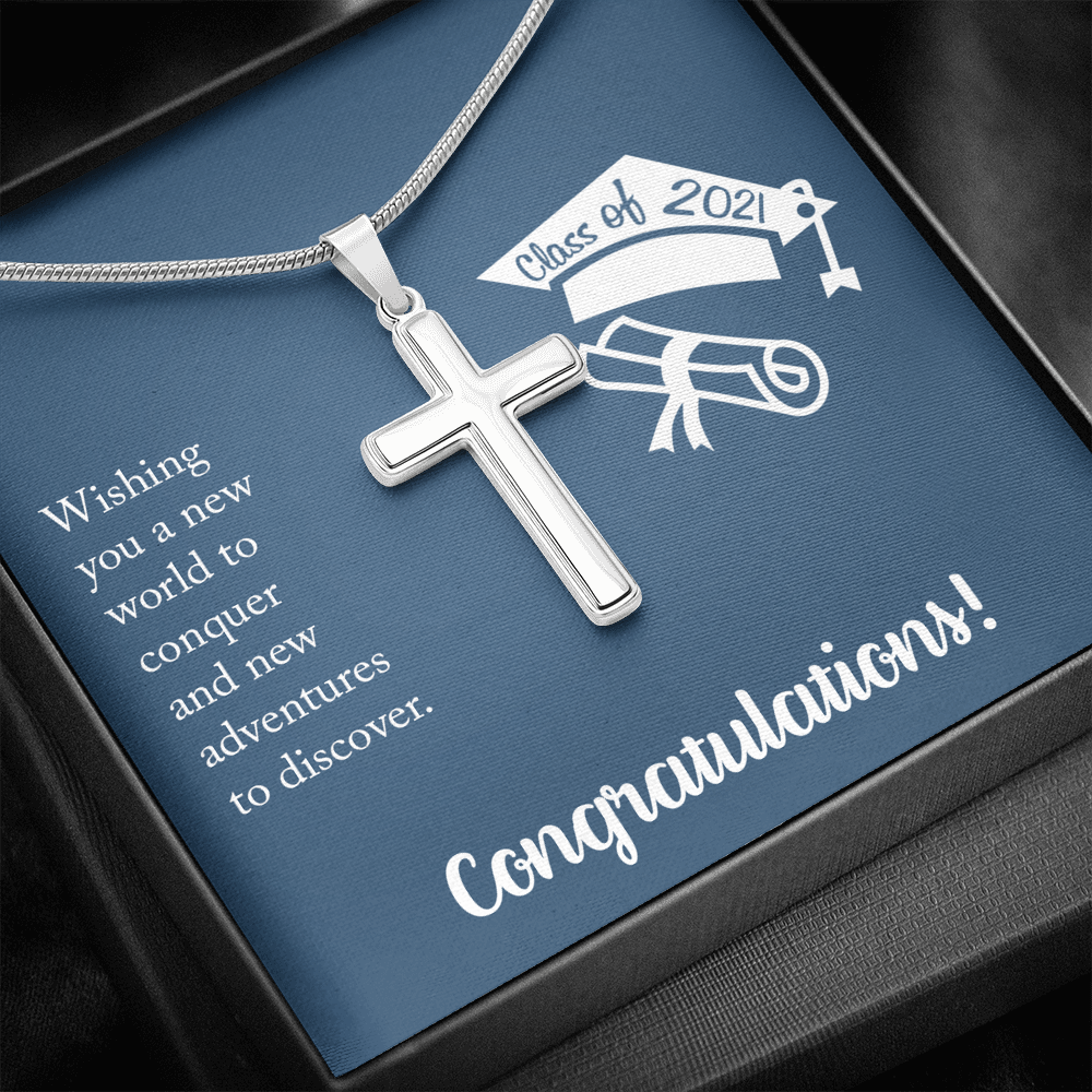 Wishing You A New Word Graduation Message Cross Card Necklace w Stainless Steel Pendant-Express Your Love Gifts