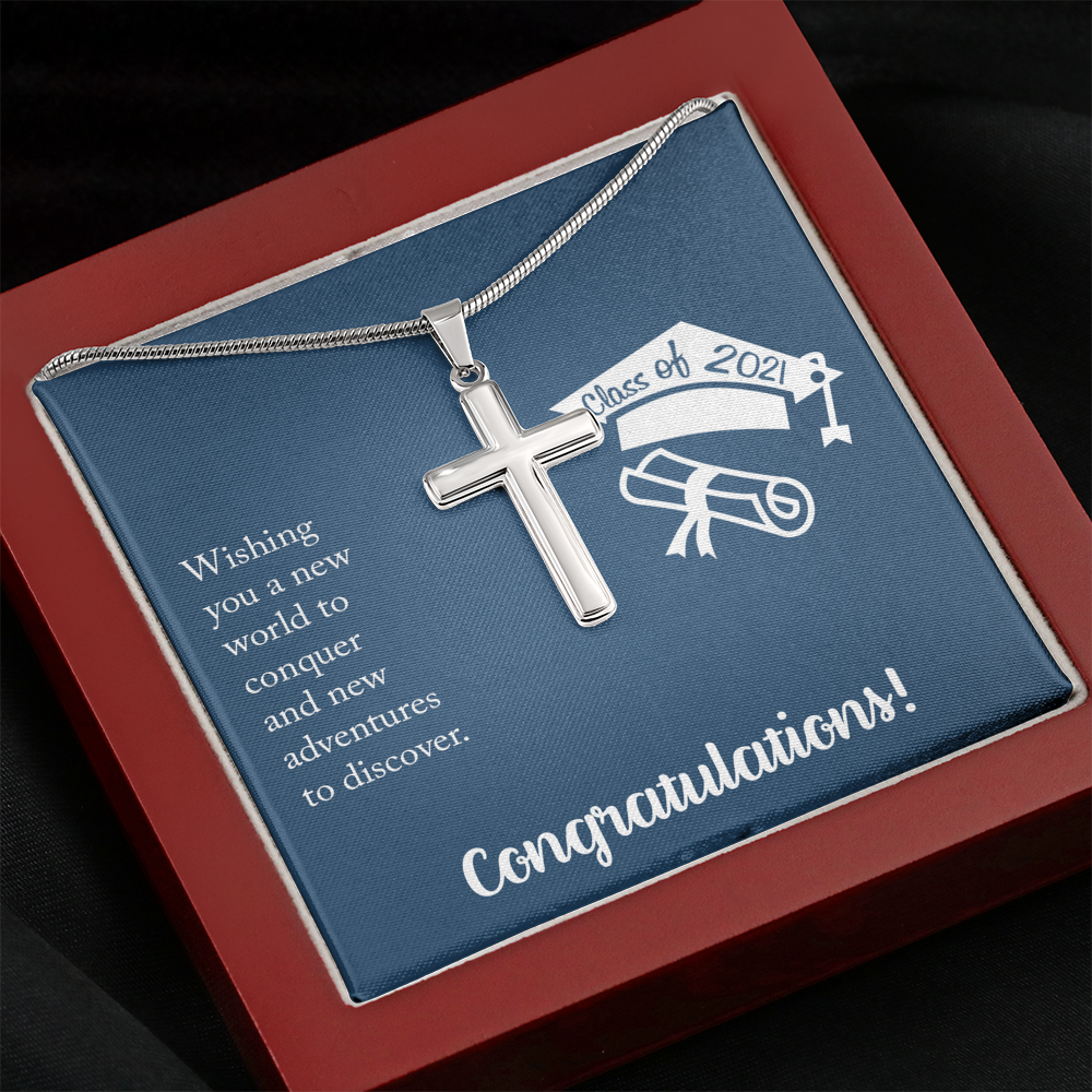 Wishing You A New Word Graduation Message Cross Card Necklace w Stainless Steel Pendant-Express Your Love Gifts