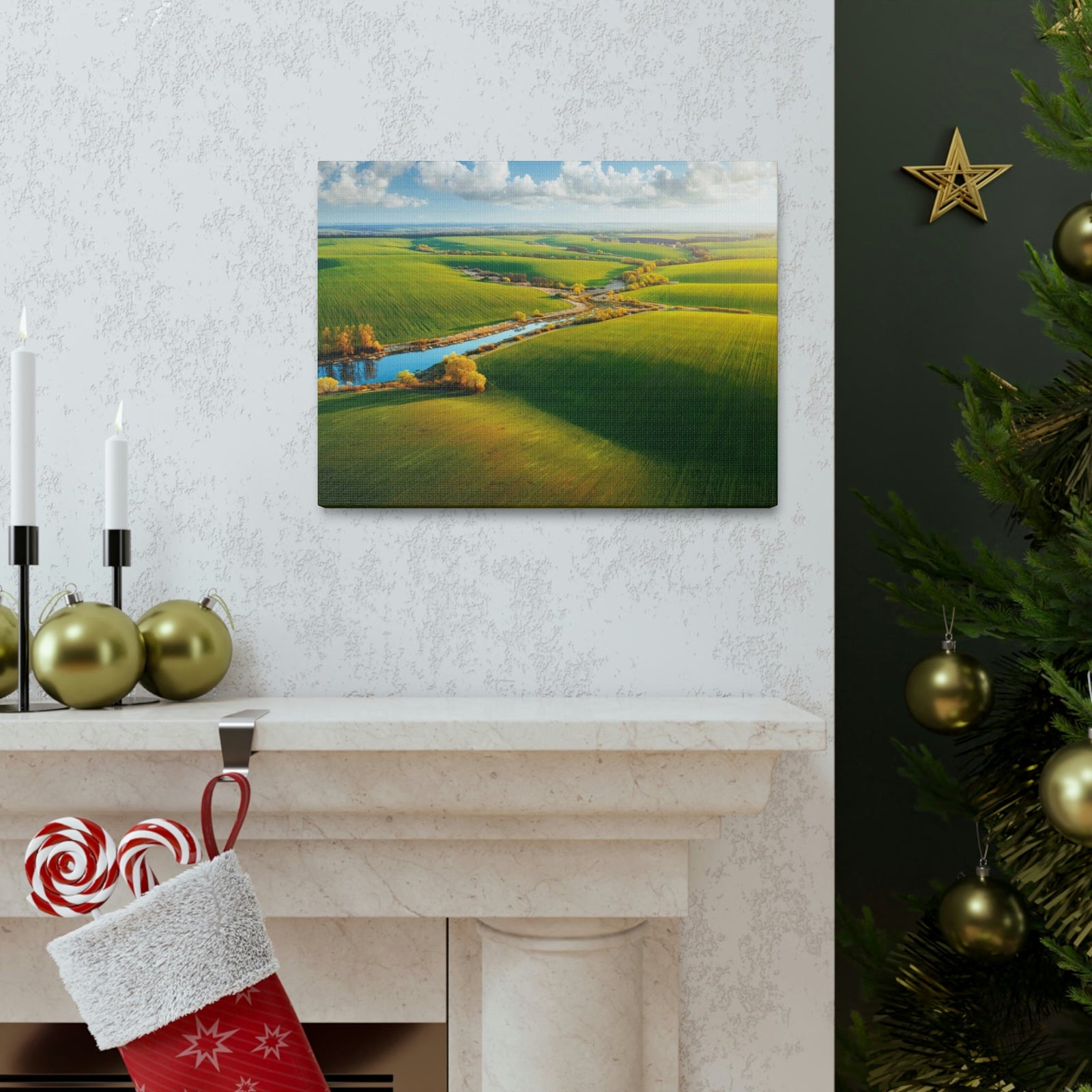 Wonderful Green Wavy Fields Scene Beautiful Enticing and Glamorous Area Beauty Nature Scene Agricultural Fields And Sky Wall Art Ready to Hang Unframed-Express Your Love Gifts