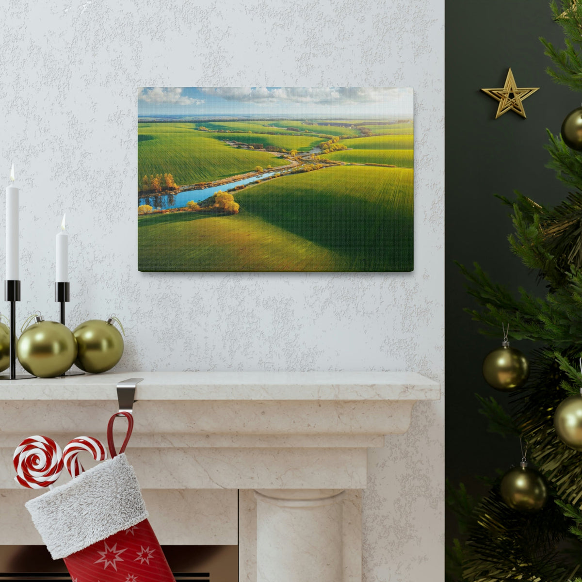 Wonderful Green Wavy Fields Scene Beautiful Enticing and Glamorous Area Beauty Nature Scene Agricultural Fields And Sky Wall Art Ready to Hang Unframed-Express Your Love Gifts
