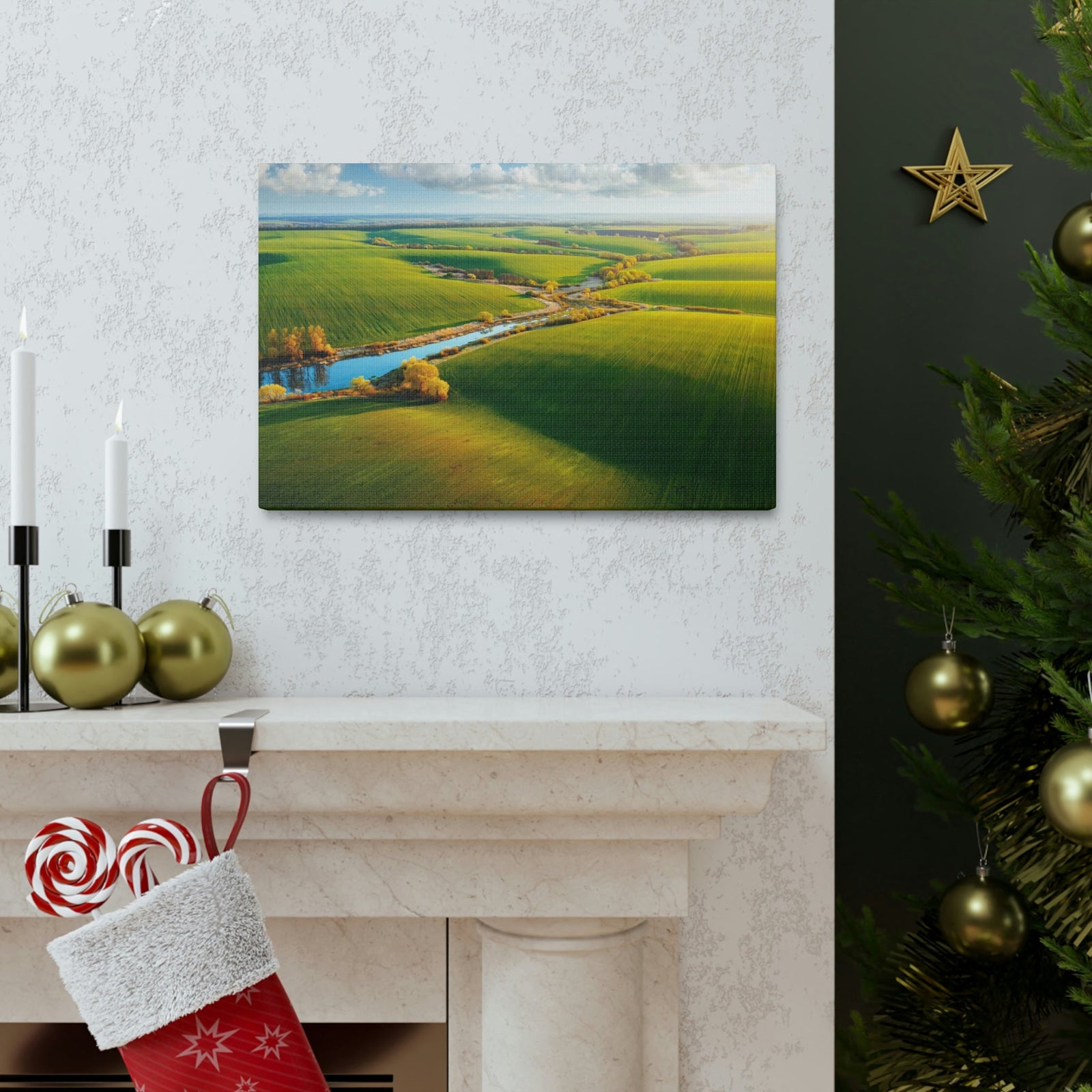 Wonderful Green Wavy Fields Scene Beautiful Enticing and Glamorous Area Beauty Nature Scene Agricultural Fields And Sky Wall Art Ready to Hang Unframed-Express Your Love Gifts