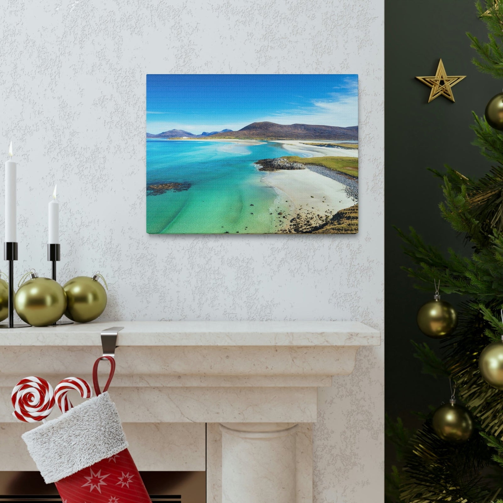 Wonderful Sandy Beach Scene Beautiful Amazing and Lovely Sea Beauty Nature Scene Big Mountains and Shore Wall Art Ready to Hang Unframed-Express Your Love Gifts