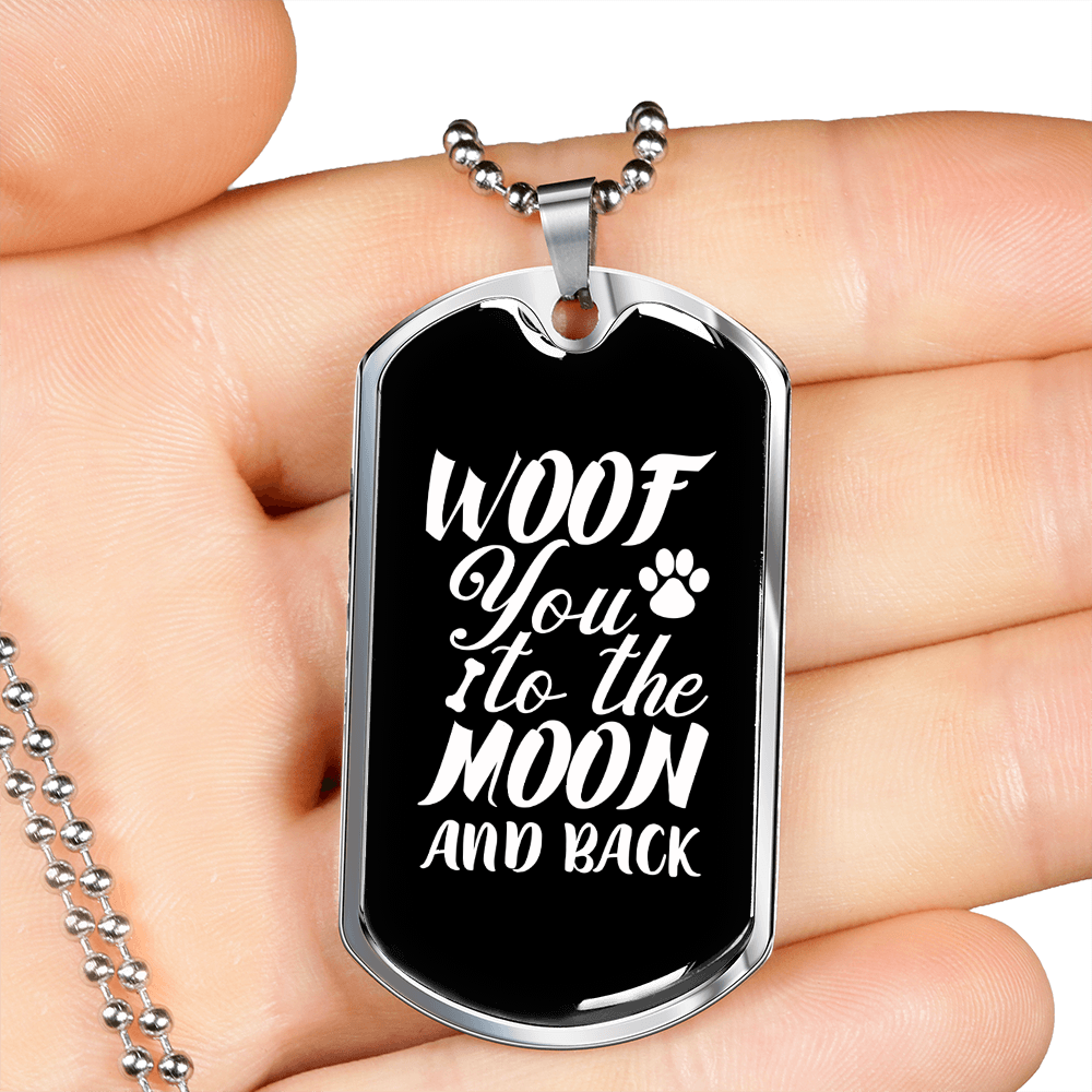 Woof You to The Moon Necklace Stainless Steel or 18k Gold Dog Tag 24" Chain-Express Your Love Gifts