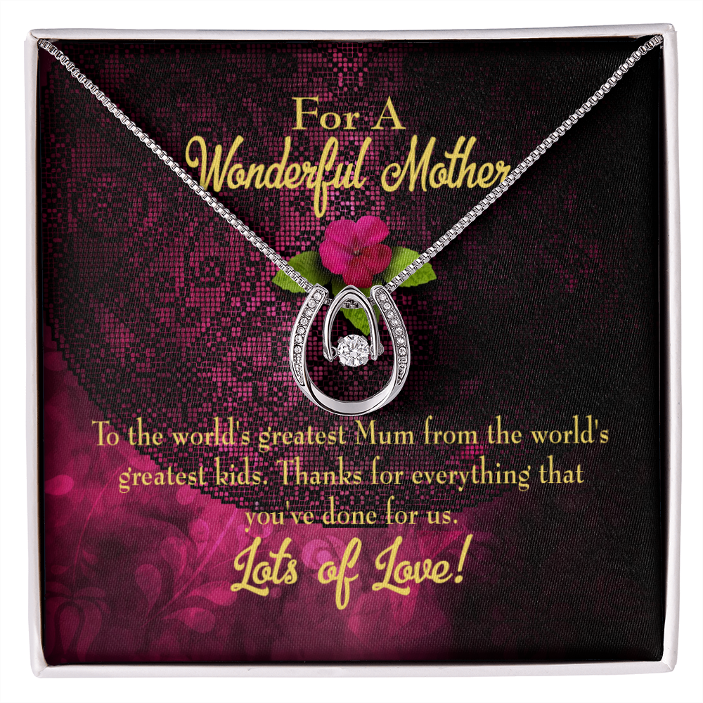 World's Greatest Mum Lucky Horseshoe Necklace Message Card 14k w CZ Crystals-Express Your Love Gifts