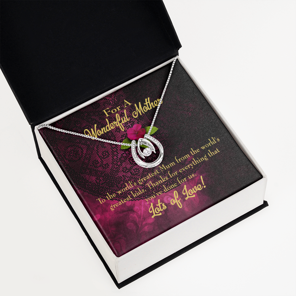 World's Greatest Mum Lucky Horseshoe Necklace Message Card 14k w CZ Crystals-Express Your Love Gifts