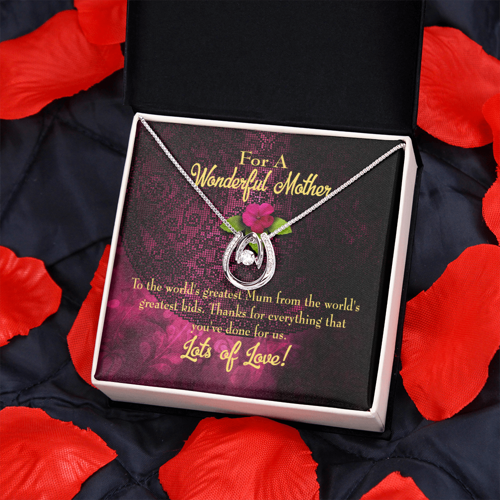 World's Greatest Mum Lucky Horseshoe Necklace Message Card 14k w CZ Crystals-Express Your Love Gifts