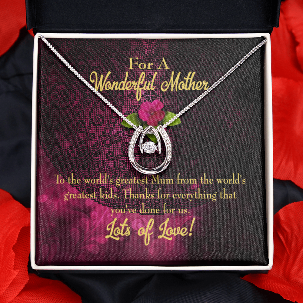 World's Greatest Mum Lucky Horseshoe Necklace Message Card 14k w CZ Crystals-Express Your Love Gifts