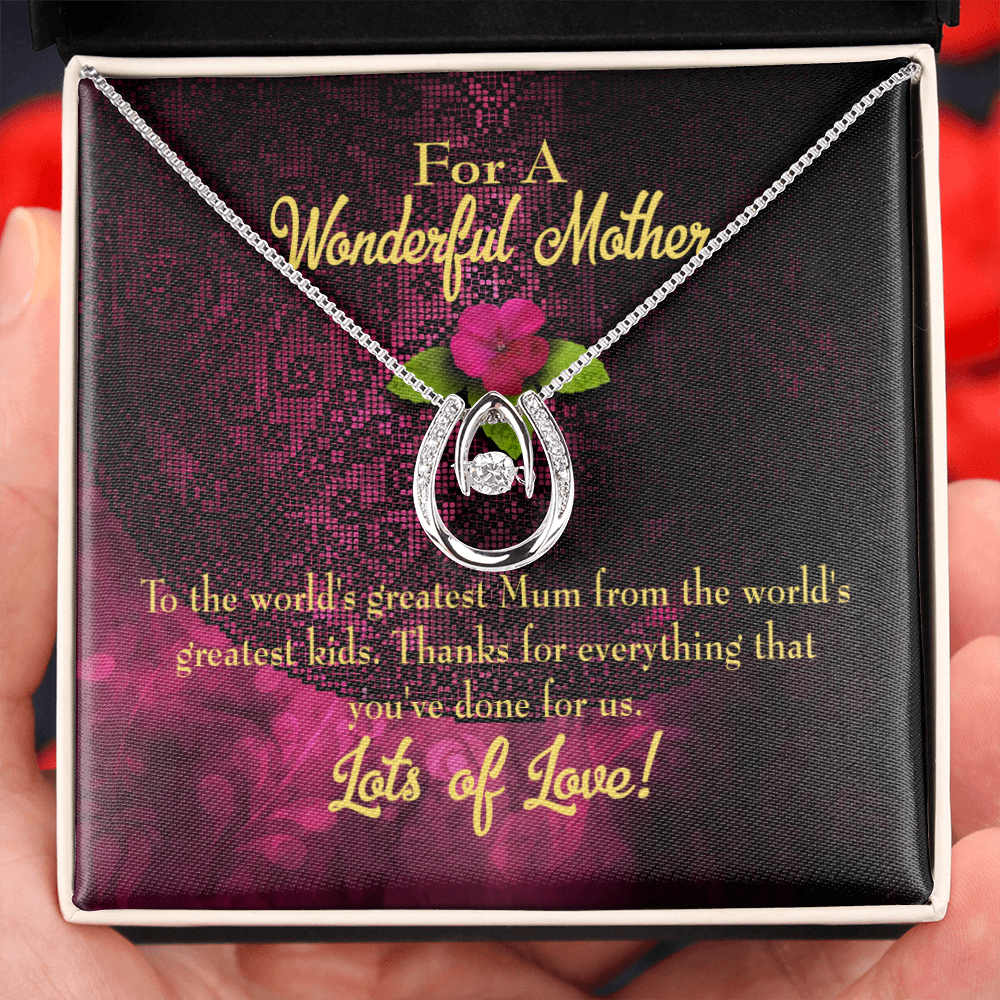 World's Greatest Mum Lucky Horseshoe Necklace Message Card 14k w CZ Crystals-Express Your Love Gifts