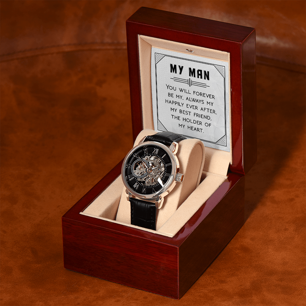 You Will Forever be My Always Men's Openwork Watch With Message Card in Mahogany Box-Express Your Love Gifts